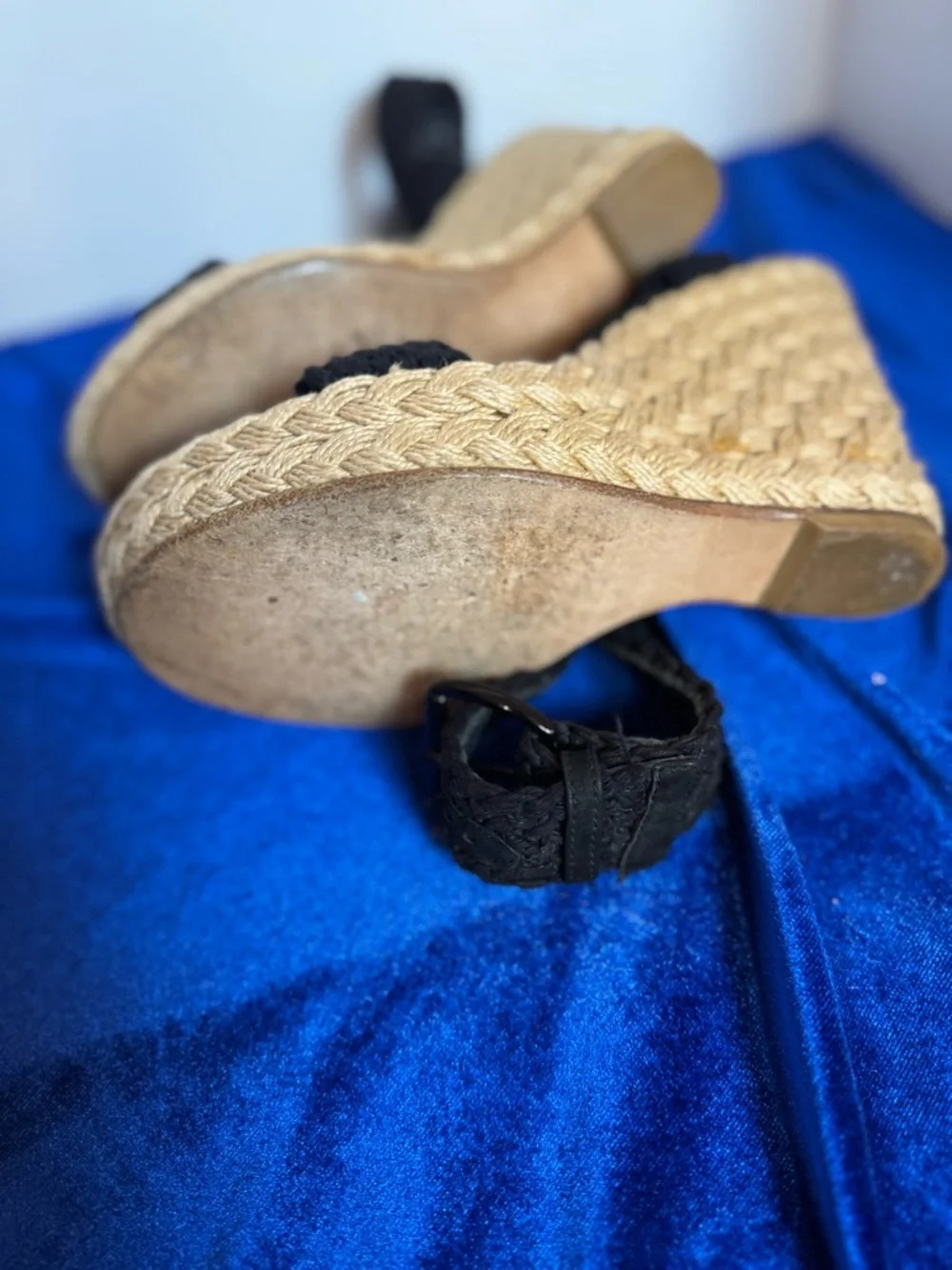 Stuart Weitzman Black Braided Espadrille Wedge Sandals with Ankle Wrap - Picture 6 of 8